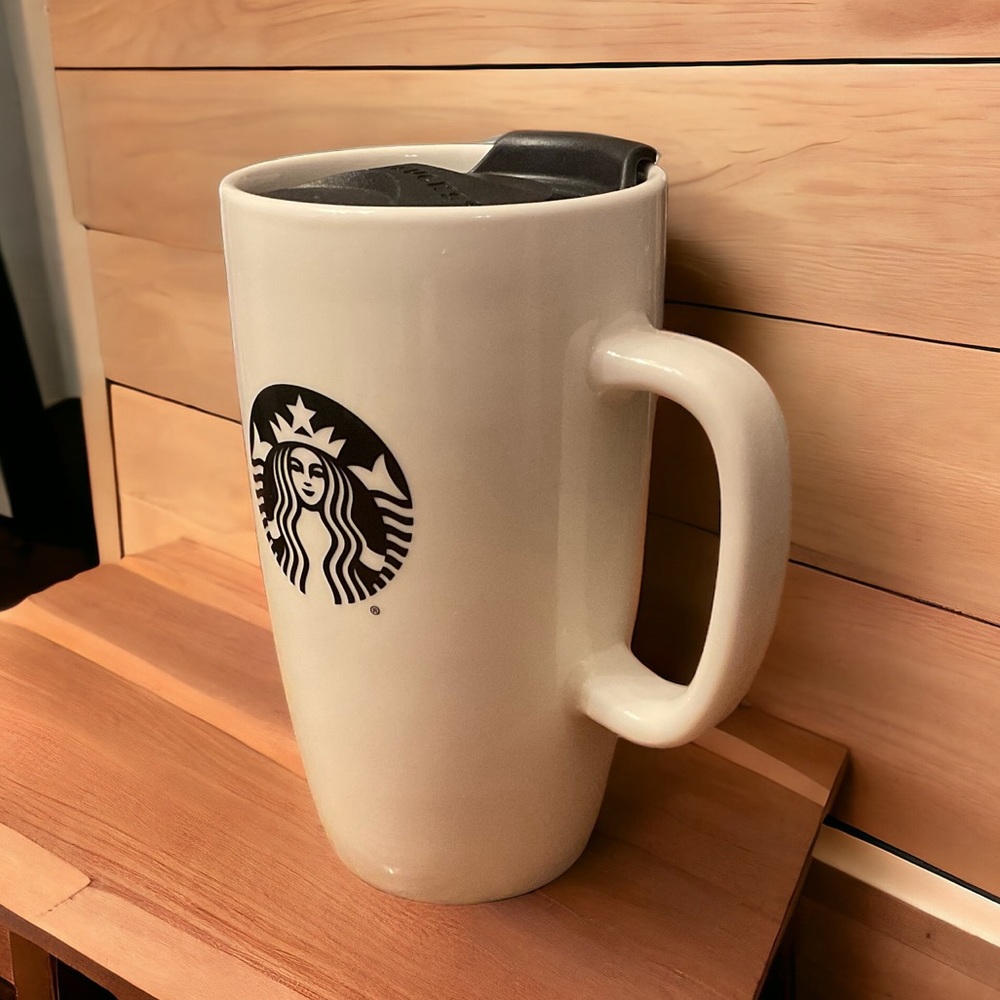 Starbucks White Ceramic Snap On Slide To Open Lid White 16 Ounce Mug!